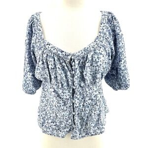 Cottagecore Blue Floral Peasant Top L Petite Puff Sleeve Milkmaid Boho Romantic